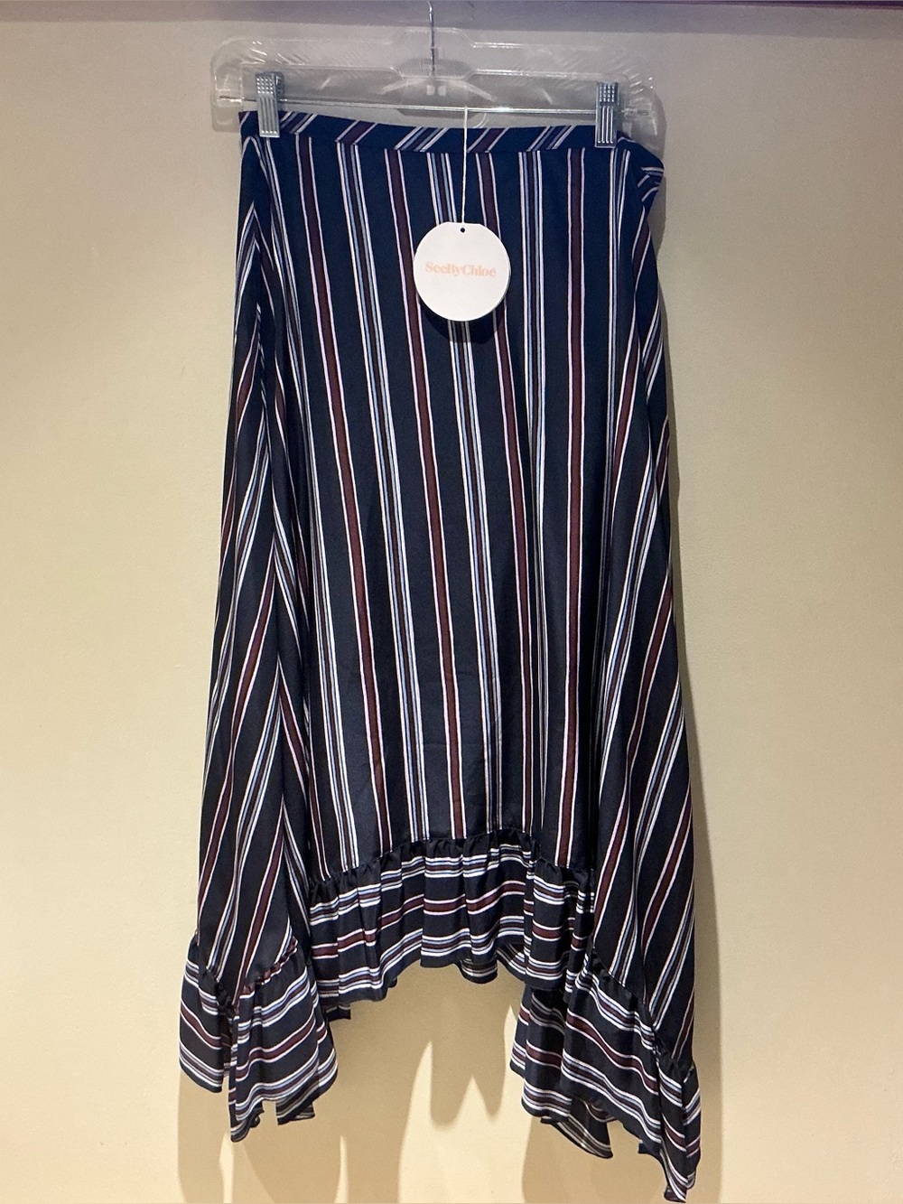 See By Chloe Navy, White and Burgundy Striped High-Low Ruffle Hem Silk Skirt